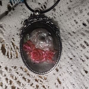 Sugar Skull Rose Cameo In Silver Tone Metal Frame 16-18 Adjustable Cord Necklace